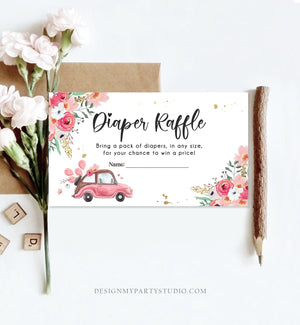 Editable Drive By Diaper Raffle Ticket Baby Shower Pink Floral Girl Drive Through Diaper Game Book Insert Ticket Digital Corjl Template 0335