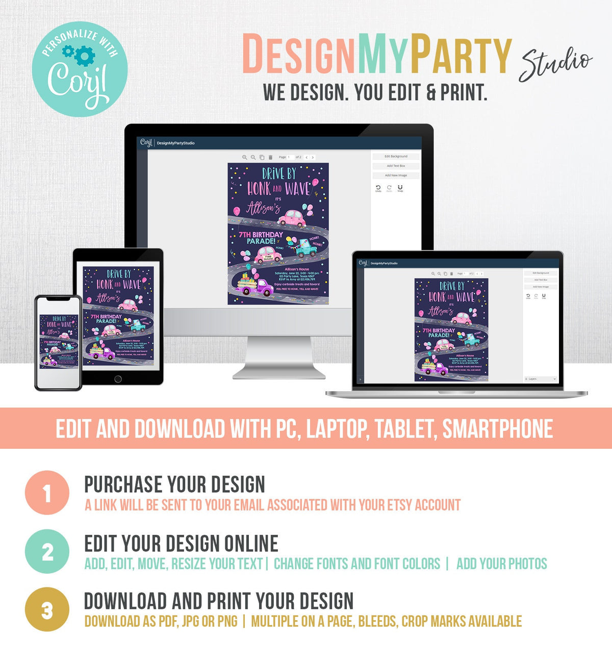 Editable Drive By Birthday Parade Invitation Virtual Party Invite Honk Wave Car Girl Pink Quarantine Instant Download Digital Corjl 0333