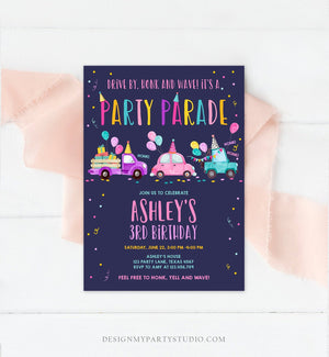 Editable Drive By Birthday Parade Invitation Virtual Party Invite Honk Wave Car Girl Pink Quarantine Instant Download Digital Corjl 0333