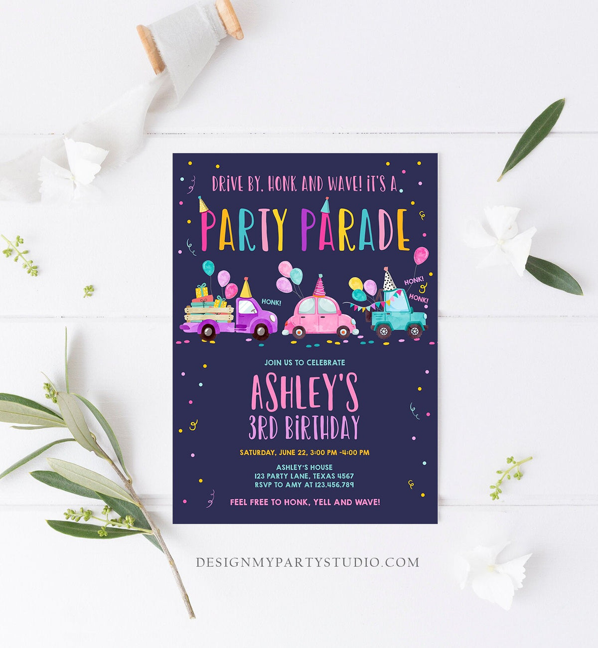 Editable Drive By Birthday Parade Invitation Virtual Party Invite Honk Wave Car Girl Pink Quarantine Instant Download Digital Corjl 0333