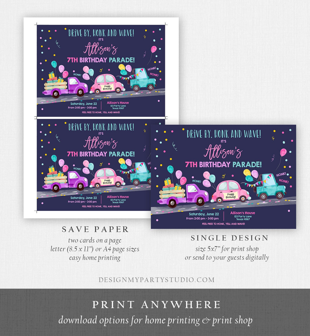 Editable Drive By Birthday Parade Invitation Virtual Party Invite Honk Wave Car Girl Pink Quarantine Instant Download Digital Corjl 0333