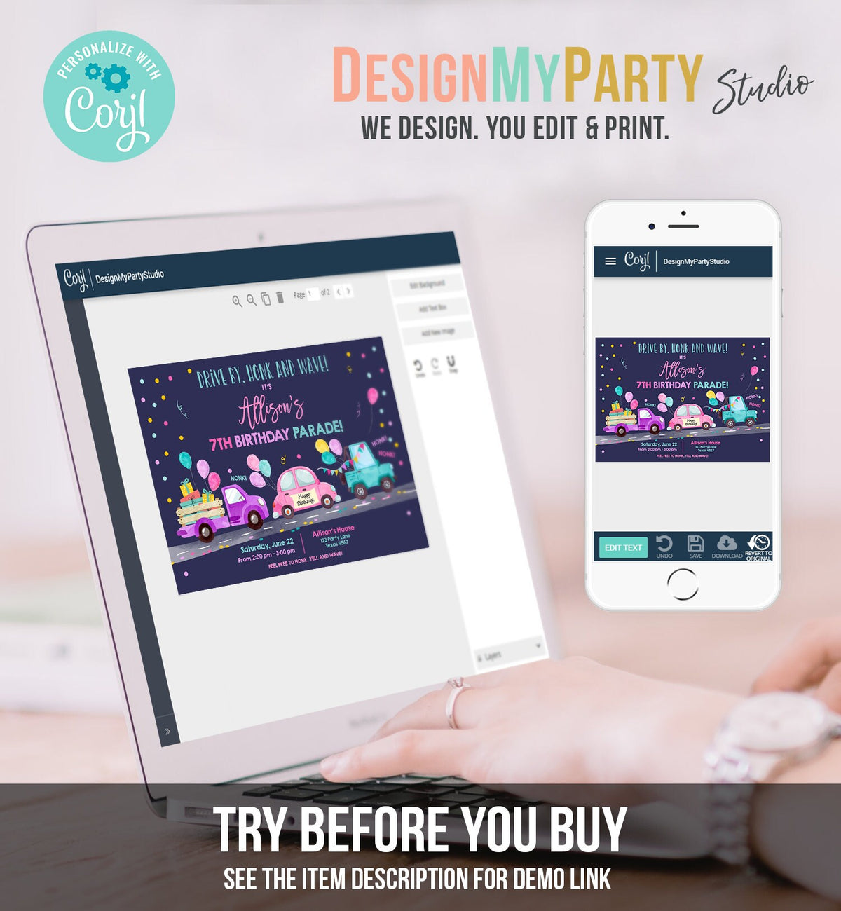 Editable Drive By Birthday Parade Invitation Virtual Party Invite Honk Wave Car Girl Pink Quarantine Instant Download Digital Corjl 0333