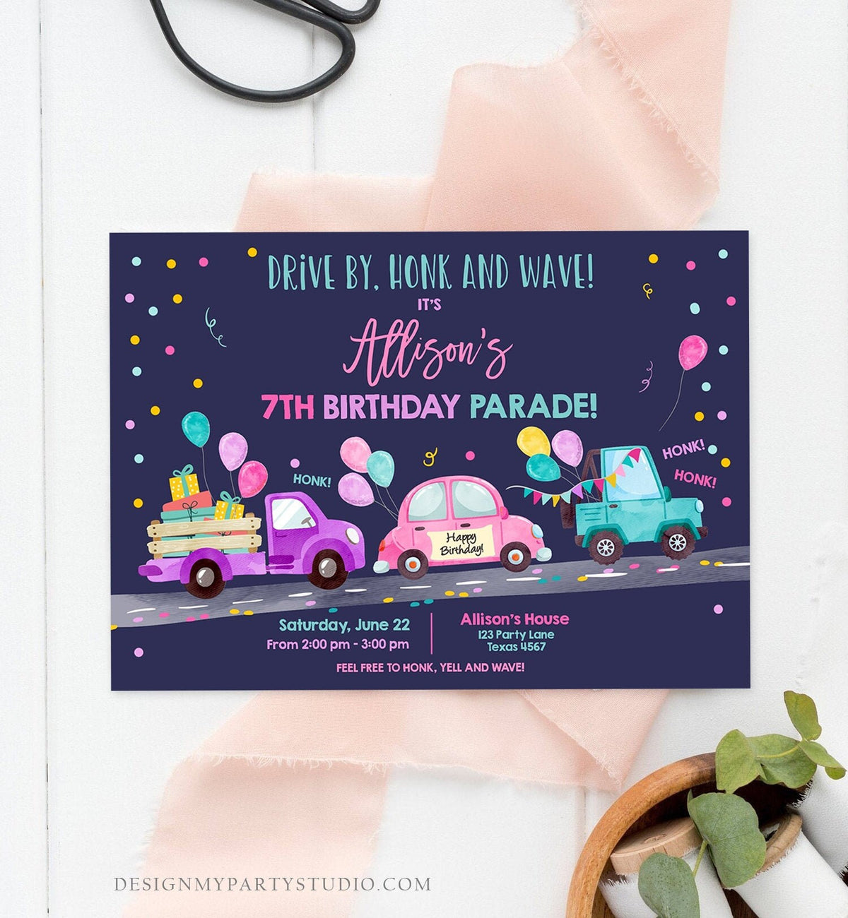 Editable Drive By Birthday Parade Invitation Virtual Party Invite Honk Wave Car Girl Pink Quarantine Instant Download Digital Corjl 0333