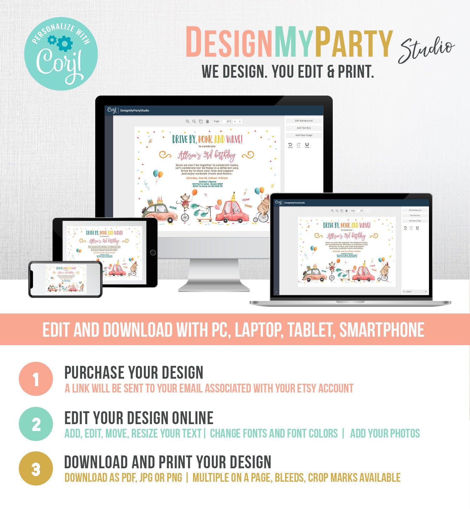 Editable Drive By Birthday Parade Invitation Circus Virtual Party Invite Honk Wave Boy Girl Quarantine Instant Download Digital Corjl 0344