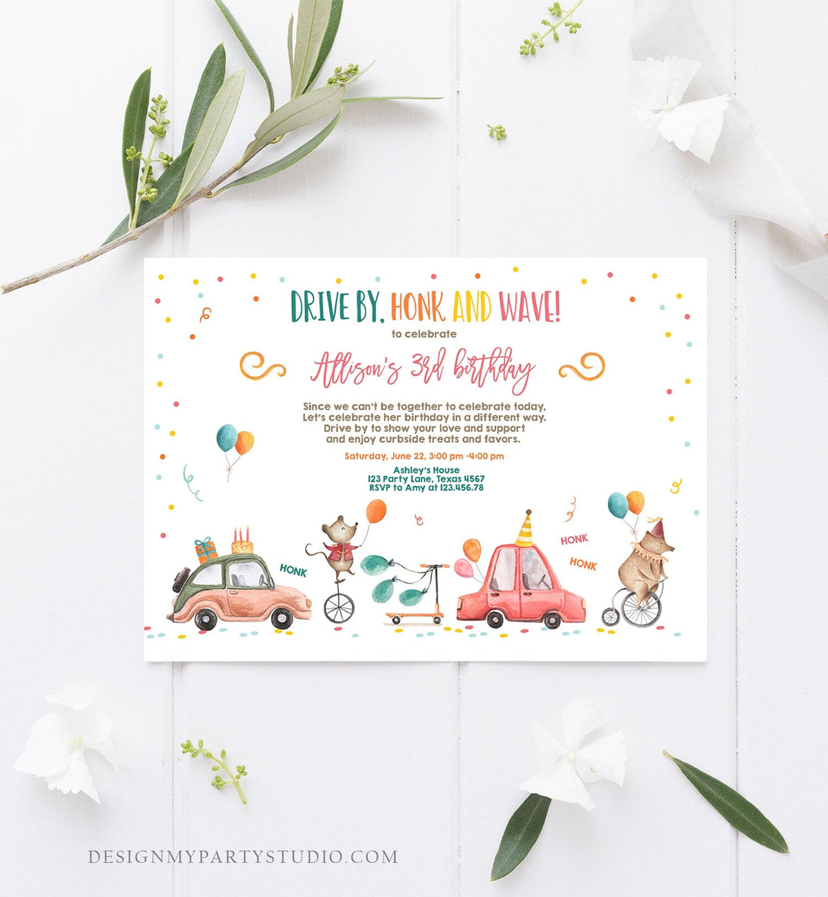 Editable Drive By Birthday Parade Invitation Circus Virtual Party Invite Honk Wave Boy Girl Quarantine Instant Download Digital Corjl 0344