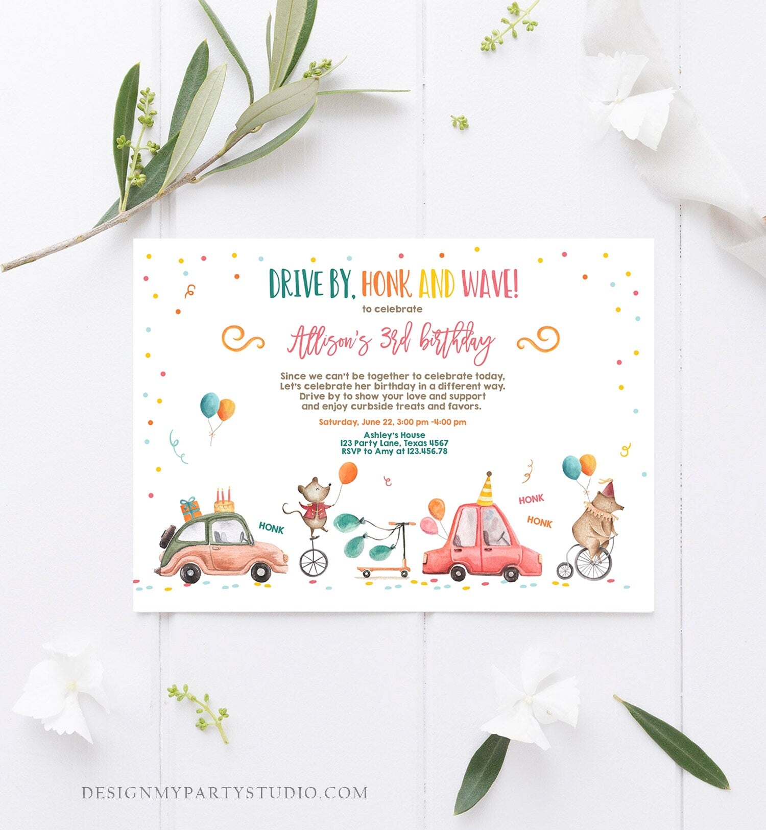 Editable Drive By Birthday Parade Invitation Circus Virtual Party Invite Honk Wave Boy Girl Quarantine Instant Download Digital Corjl 0344