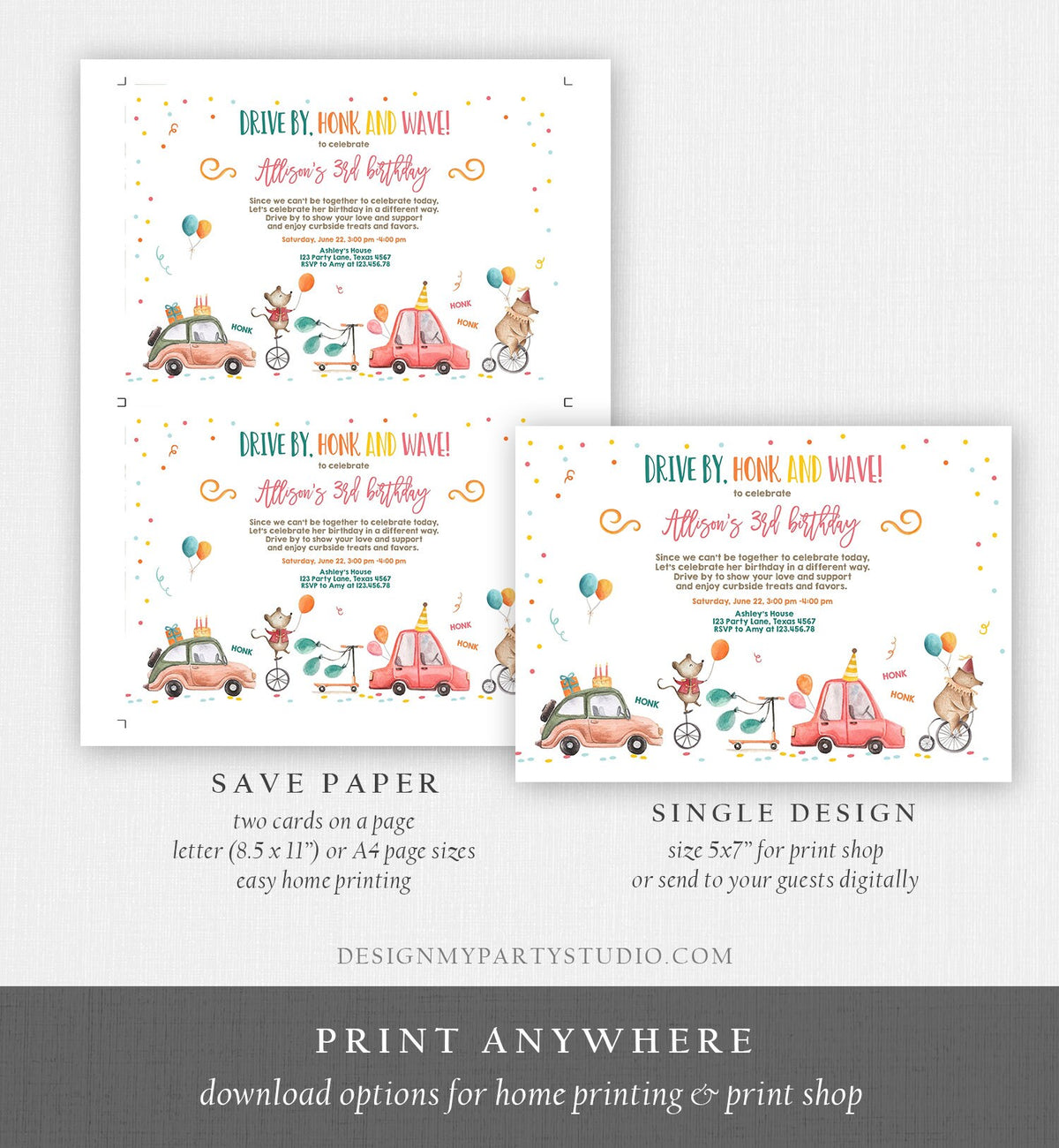 Editable Drive By Birthday Parade Invitation Circus Virtual Party Invite Honk Wave Boy Girl Quarantine Instant Download Digital Corjl 0344