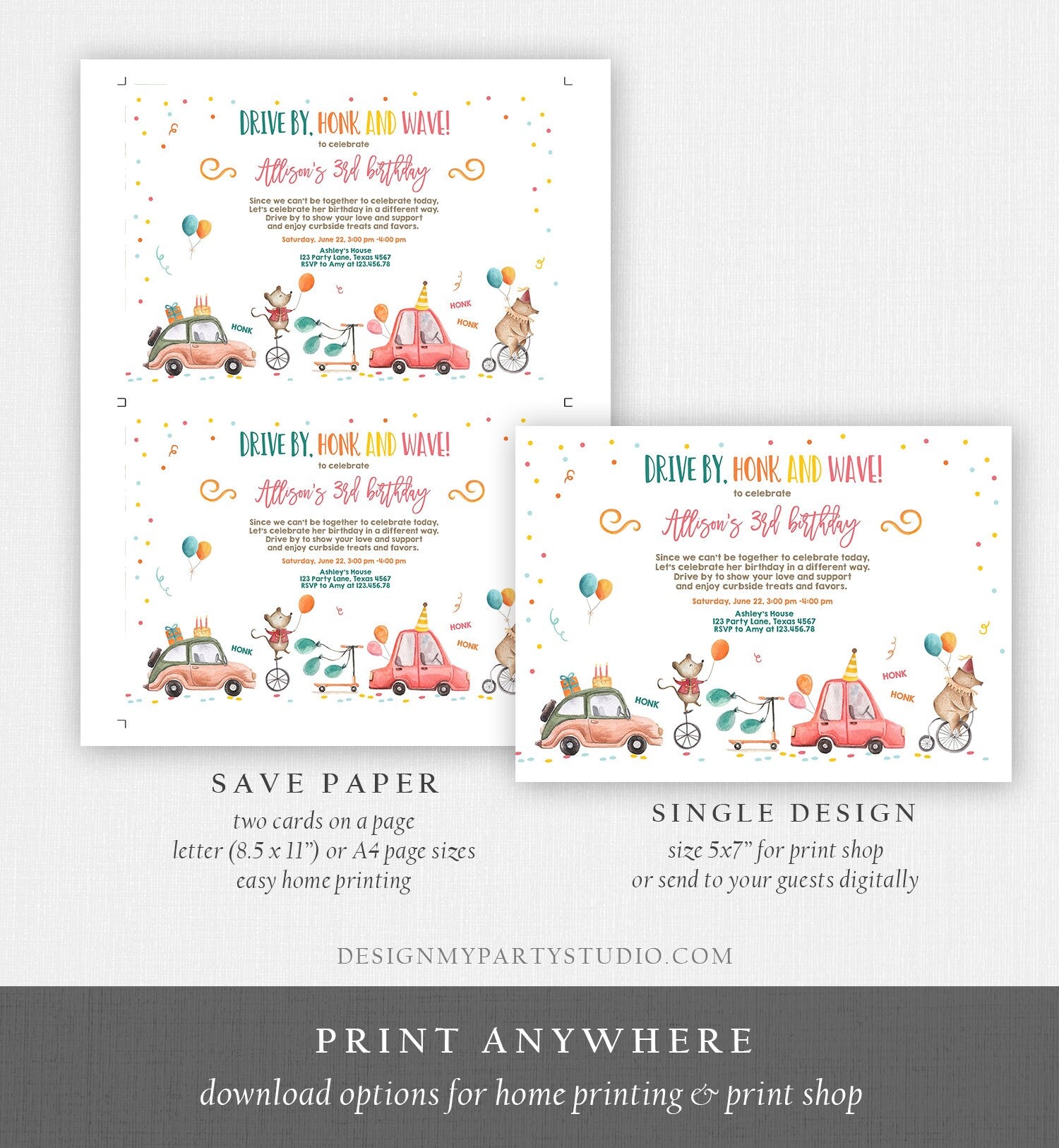 Editable Drive By Birthday Parade Invitation Circus Virtual Party Invite Honk Wave Boy Girl Quarantine Instant Download Digital Corjl 0344