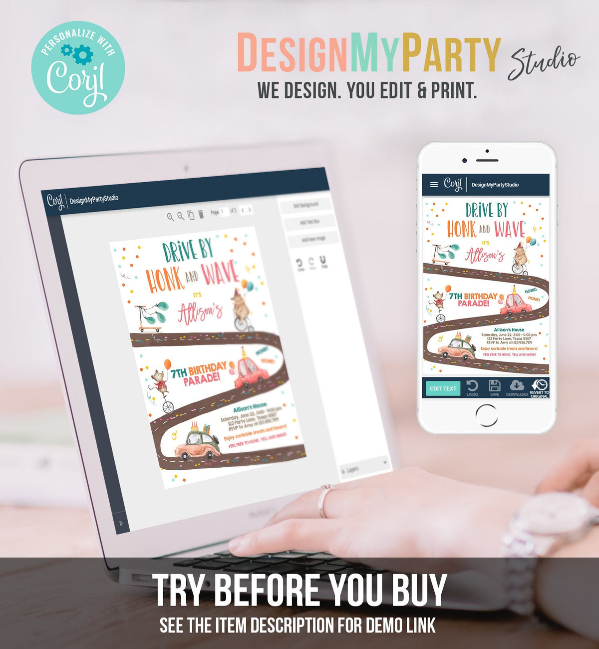 Editable Drive By Birthday Parade Invitation Circus Virtual Party Invite Honk Wave Boy Girl Quarantine Instant Download Digital Corjl 0344