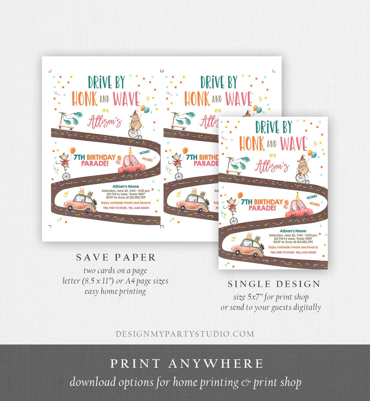 Editable Drive By Birthday Parade Invitation Circus Virtual Party Invite Honk Wave Boy Girl Quarantine Instant Download Digital Corjl 0344