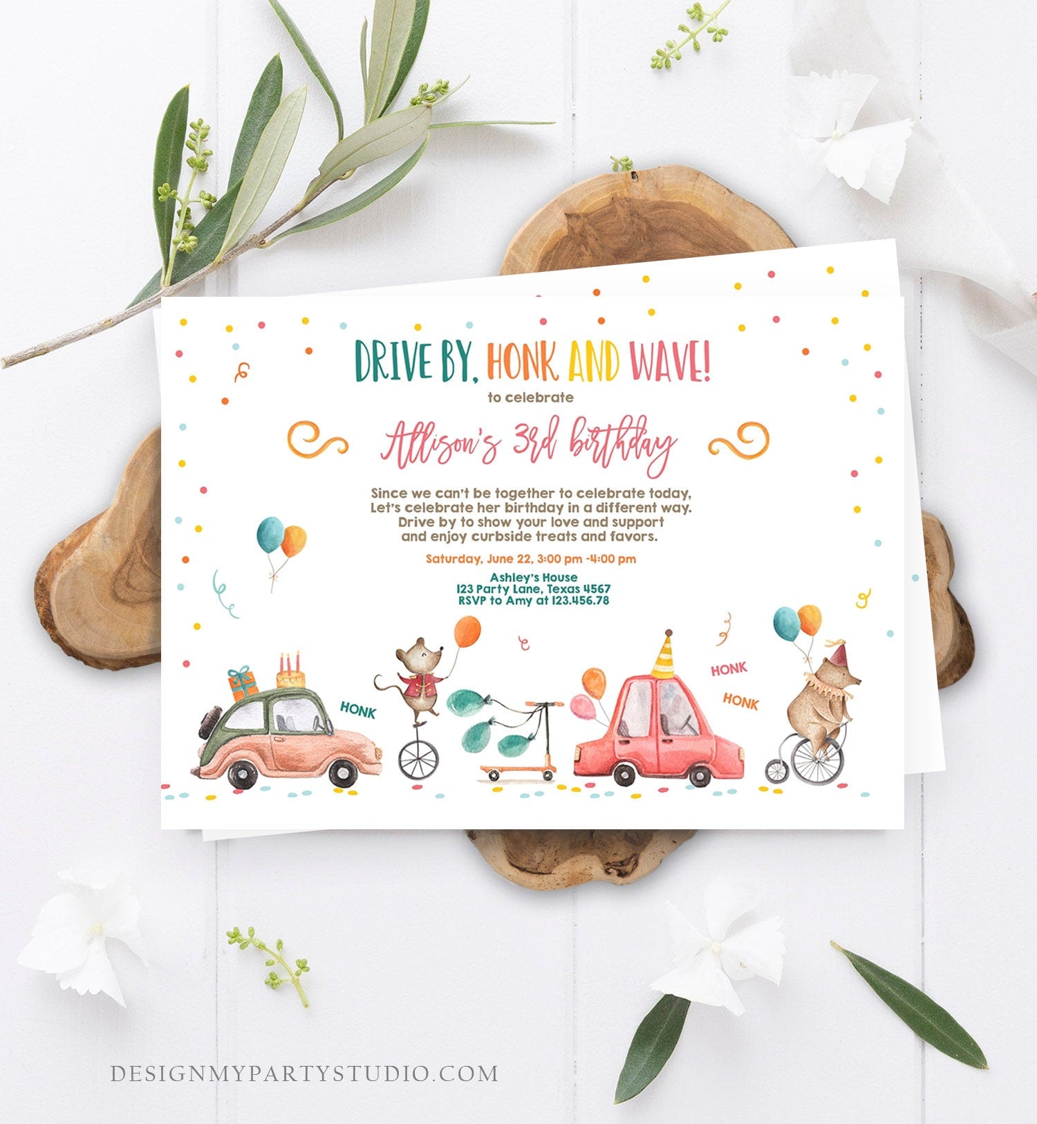 Editable Drive By Birthday Parade Invitation Circus Virtual Party Invite Honk Wave Boy Girl Quarantine Instant Download Digital Corjl 0344