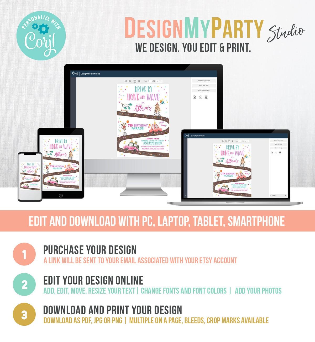 Editable Drive By Birthday Parade Invitation Circus Virtual Party Invite Honk Wave Girl Pink Quarantine Instant Download Digital Corjl 0344