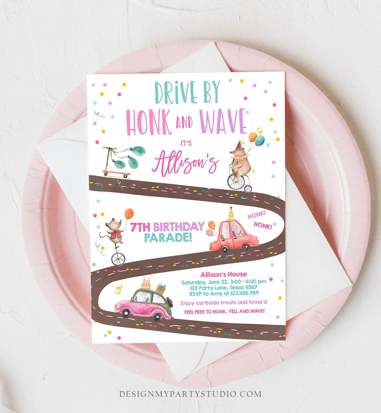 Editable Drive By Birthday Parade Invitation Circus Virtual Party Invite Honk Wave Girl Pink Quarantine Instant Download Digital Corjl 0344