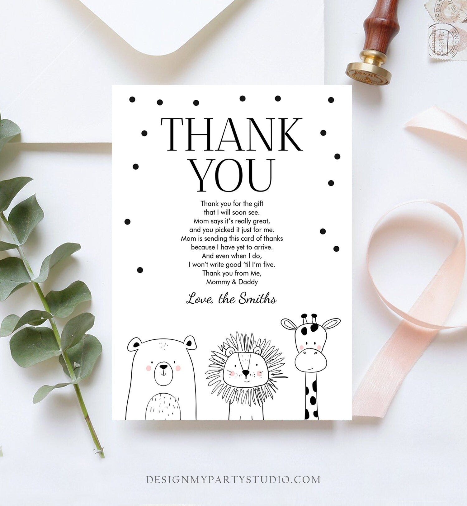 Editable Baby Shower Thank You Card Baby Shower Birthday Safari Animals Wild Zoo Jungle Modern Monogram Digital Corjl Template 0039