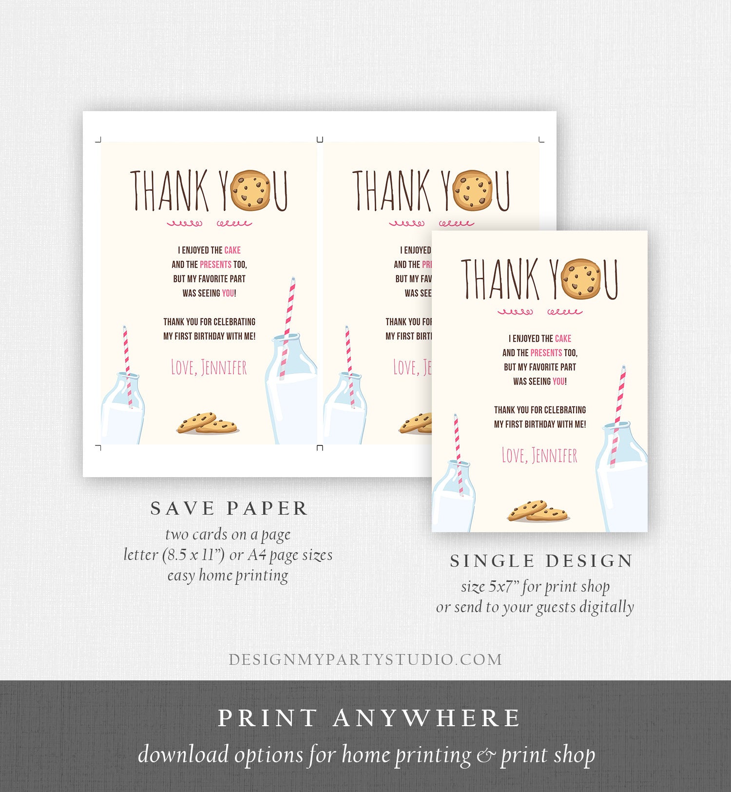 Editable Milk and Cookies Thank You Card Birthday Party Girl Pink First Birthday 1st Sweet One Invite Corjl Template Printable 0088
