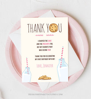 Editable Milk and Cookies Thank You Card Birthday Party Girl Pink First Birthday 1st Sweet One Invite Corjl Template Printable 0088