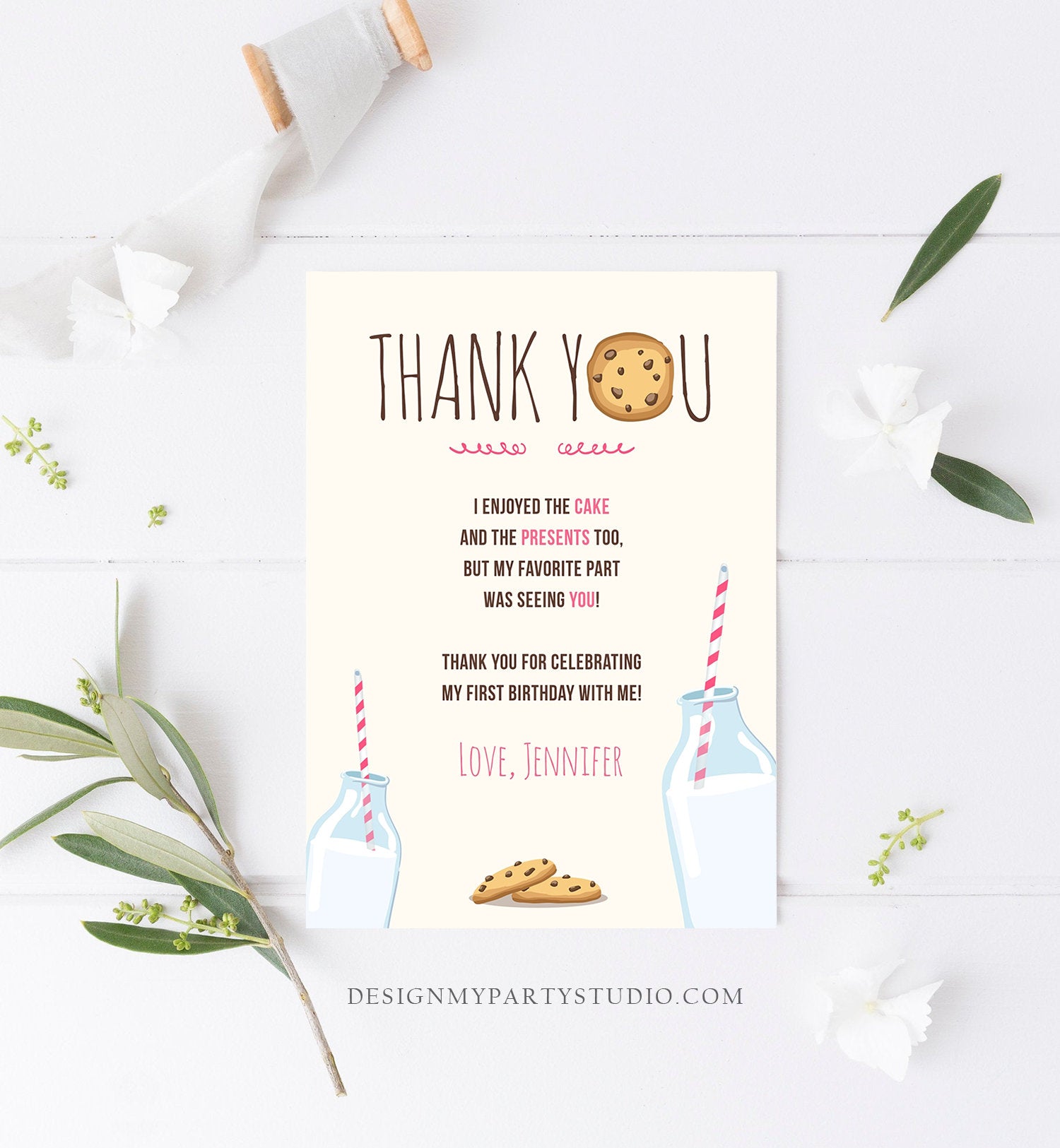 Editable Milk and Cookies Thank You Card Birthday Party Girl Pink First Birthday 1st Sweet One Invite Corjl Template Printable 0088