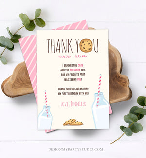 Editable Milk and Cookies Thank You Card Birthday Party Girl Pink First Birthday 1st Sweet One Invite Corjl Template Printable 0088