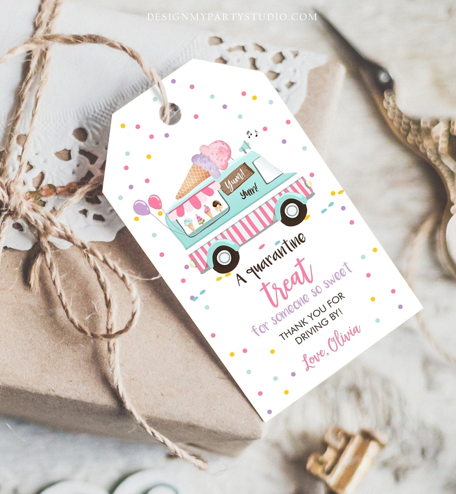 Editable Drive By Favor Tag Drive Through Ice Cream Truck Birthday Thank You Gift Tags Quarantine Ice Cream Parade Pink Girl Corjl 0243