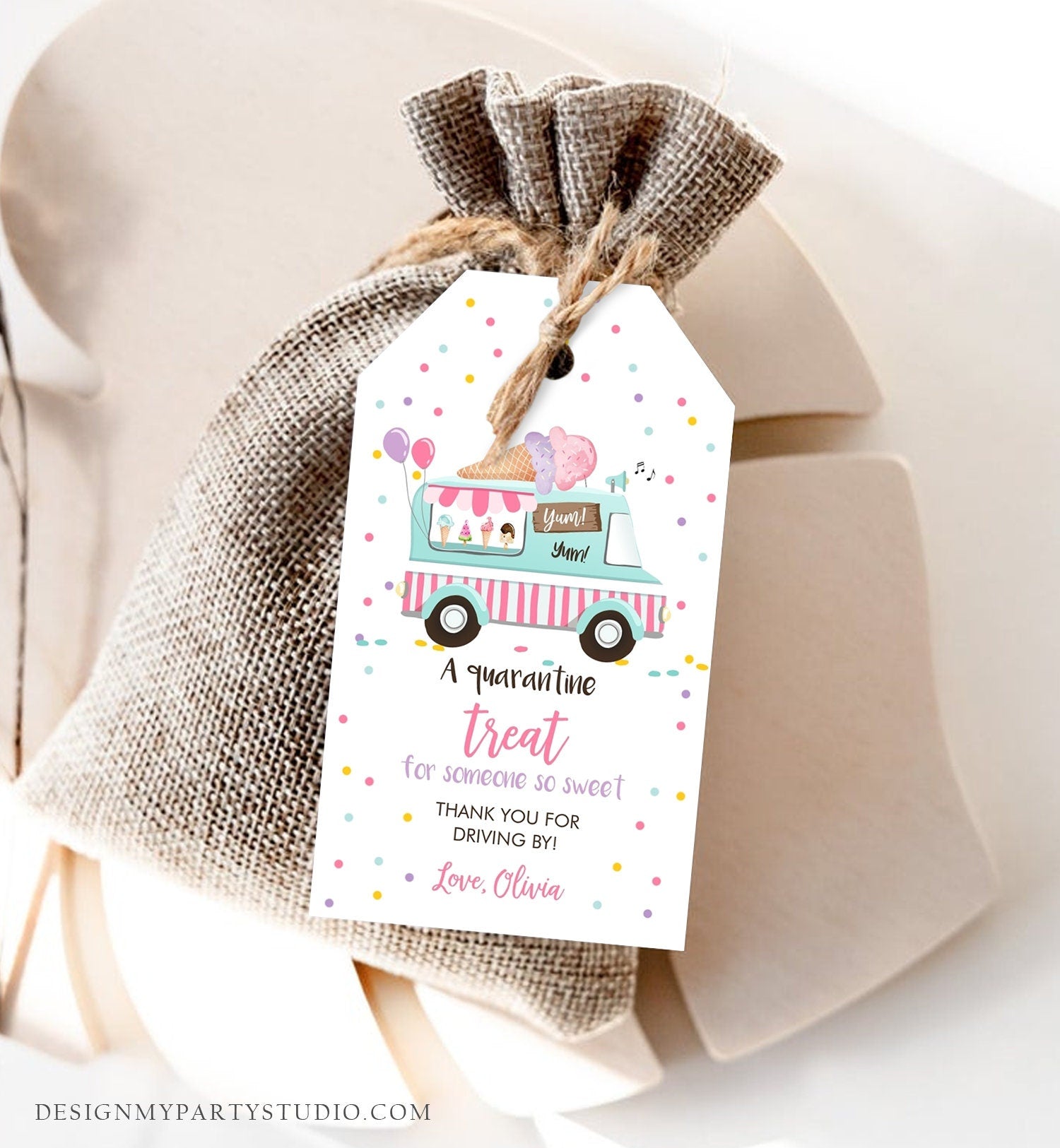 Editable Drive By Favor Tag Drive Through Ice Cream Truck Birthday Thank You Gift Tags Quarantine Ice Cream Parade Pink Girl Corjl 0243