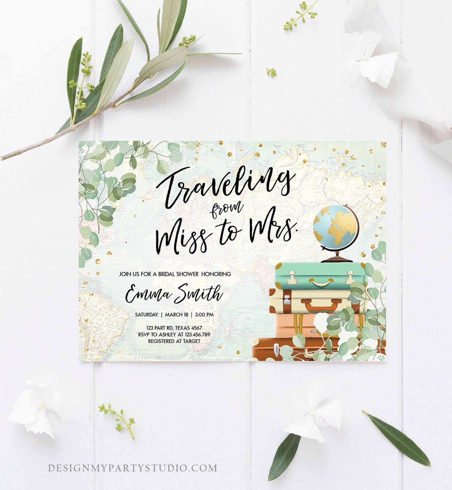 Editable Miss to Mrs Travel Bridal Shower Invitation Eucalyptus Globe Suitcase Greenery Traveling Download Printable Corjl Template 0030