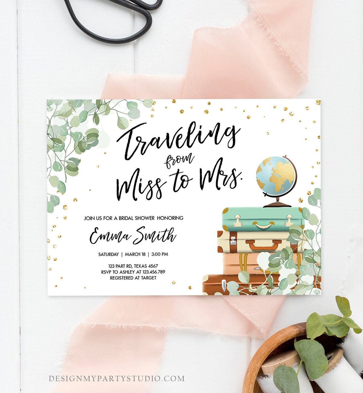Editable Miss to Mrs Travel Bridal Shower Invitation Eucalyptus Globe Suitcase Greenery Traveling Download Printable Corjl Template 0030