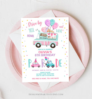 Editable Ice Cream Truck Drive By Birthday Parade Invitation Virtual Party Invite Honk Wave Car Girl Quarantine Download Digital Corjl 0243