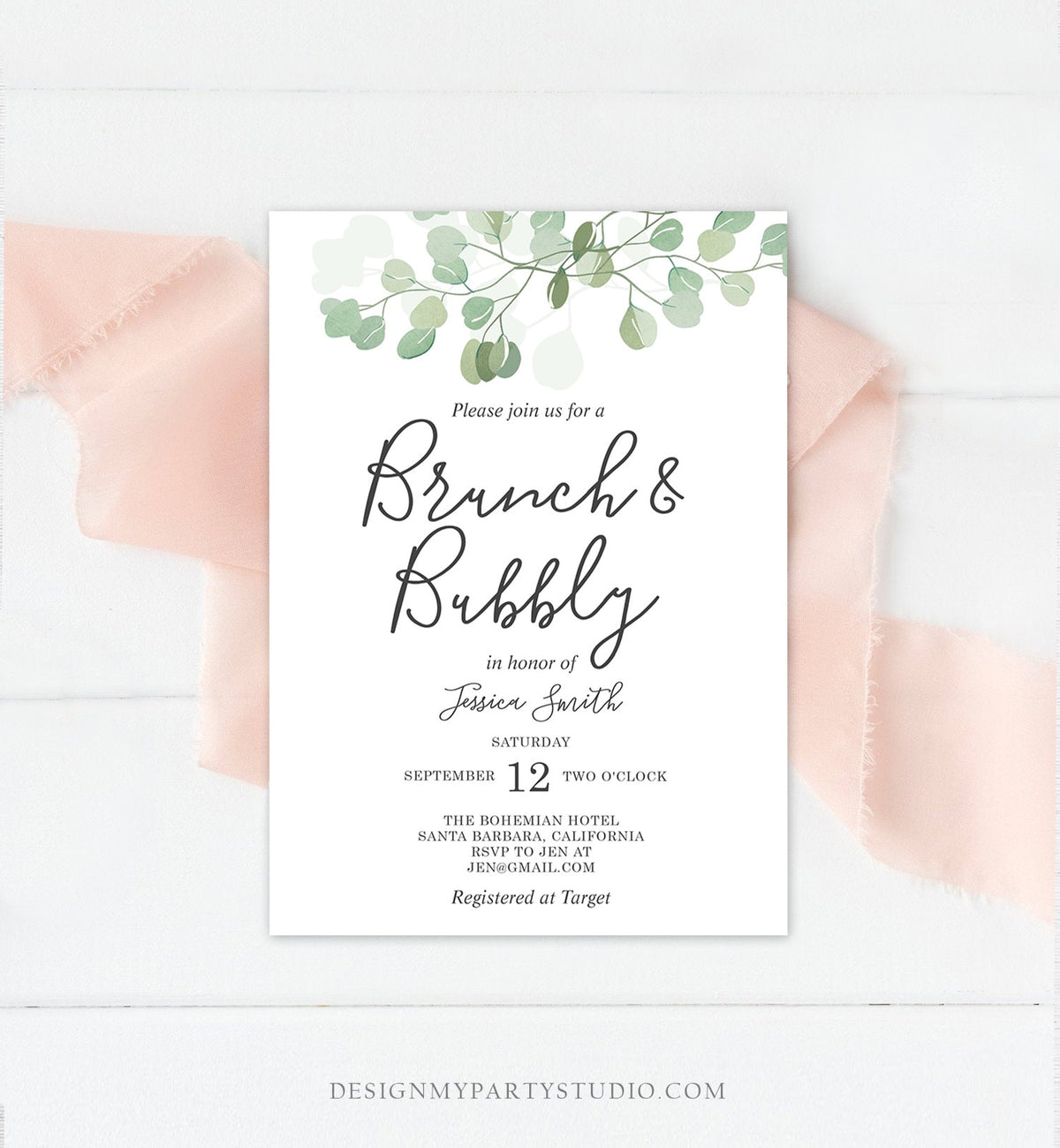 Editable Brunch and Bubbly Bridal Shower Invitation Eucalyptus Greenery Wedding Boho Invite Download Printable Template Digital Corjl 0029