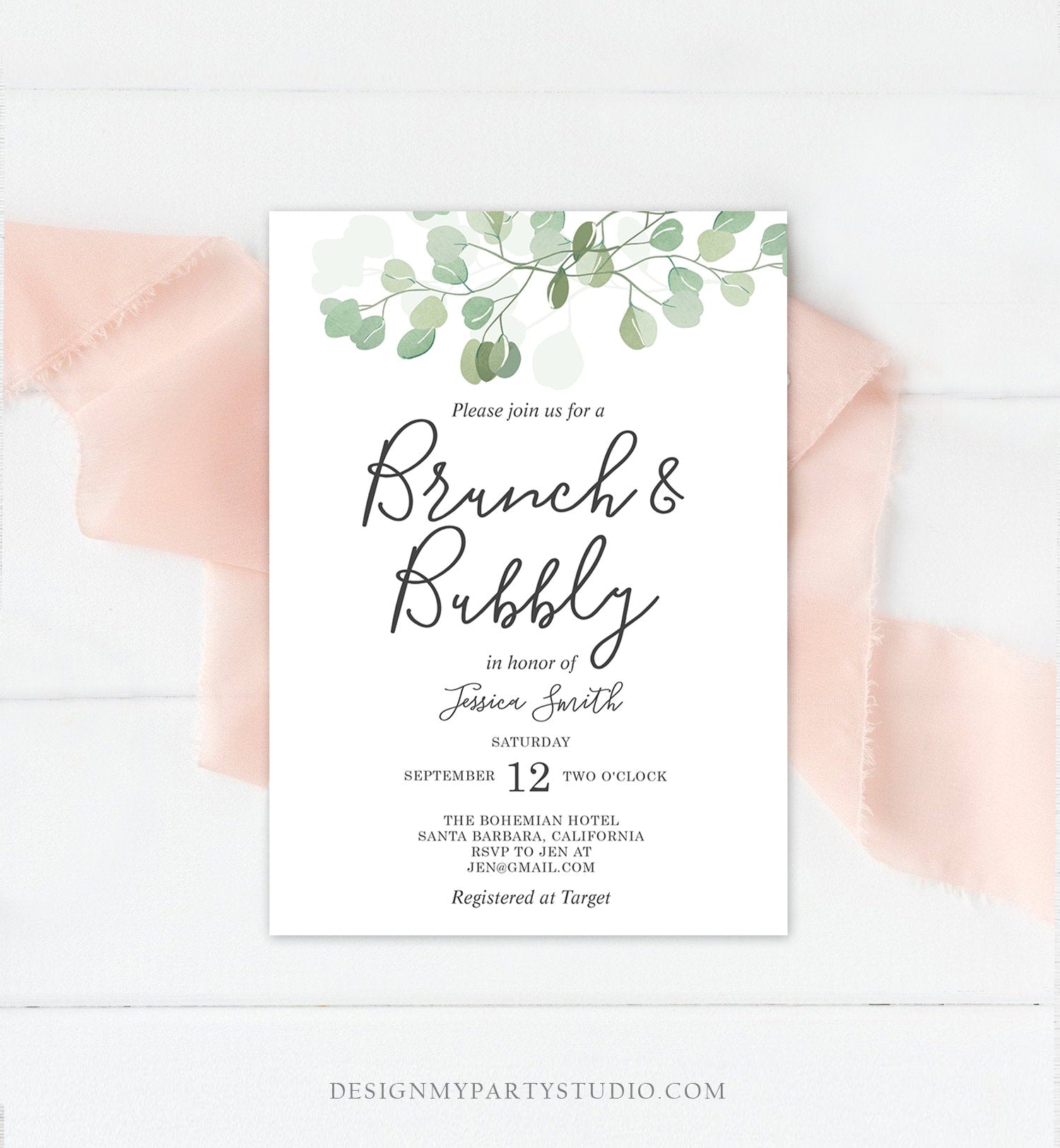 Editable Brunch and Bubbly Bridal Shower Invitation Eucalyptus Greenery Wedding Boho Invite Download Printable Template Digital Corjl 0029