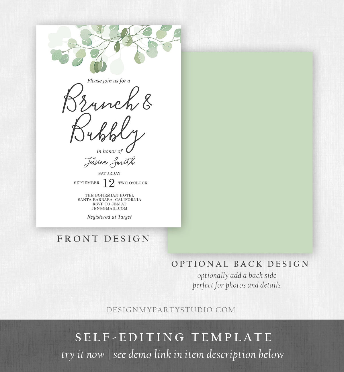 Editable Brunch and Bubbly Bridal Shower Invitation Eucalyptus Greenery Wedding Boho Invite Download Printable Template Digital Corjl 0029