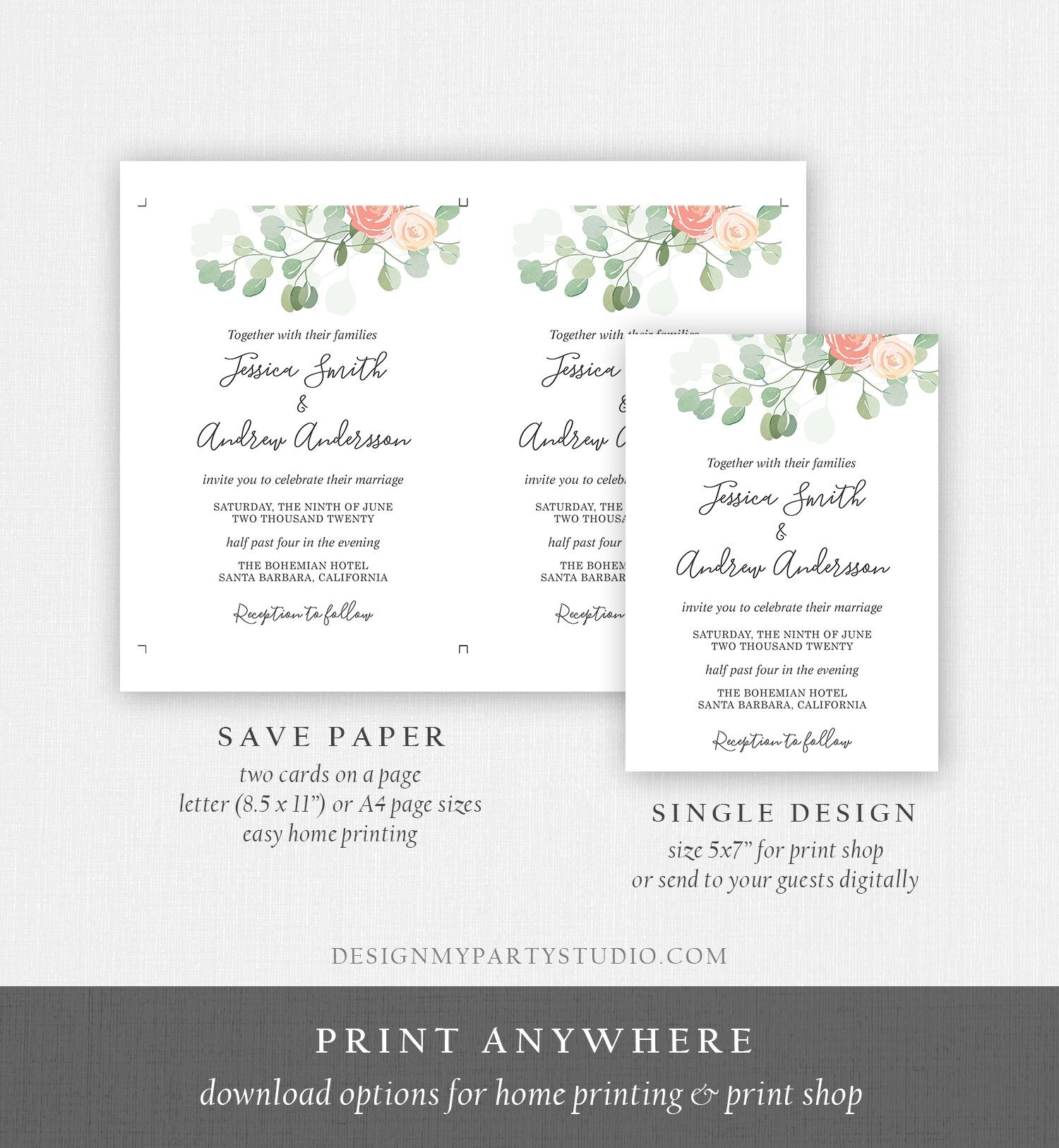 Editable Brunch and Bubbly Bridal Shower Invitation Eucalyptus Greenery Wedding Boho Invite Download Printable Template Digital Corjl 0029