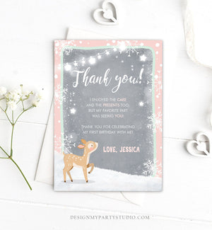 Editable Winter ONEderland Thank You Card Birthday First Birthday Snow Snowflake Girl Pink Mint Grey Deer Printable Template Corjl 0109