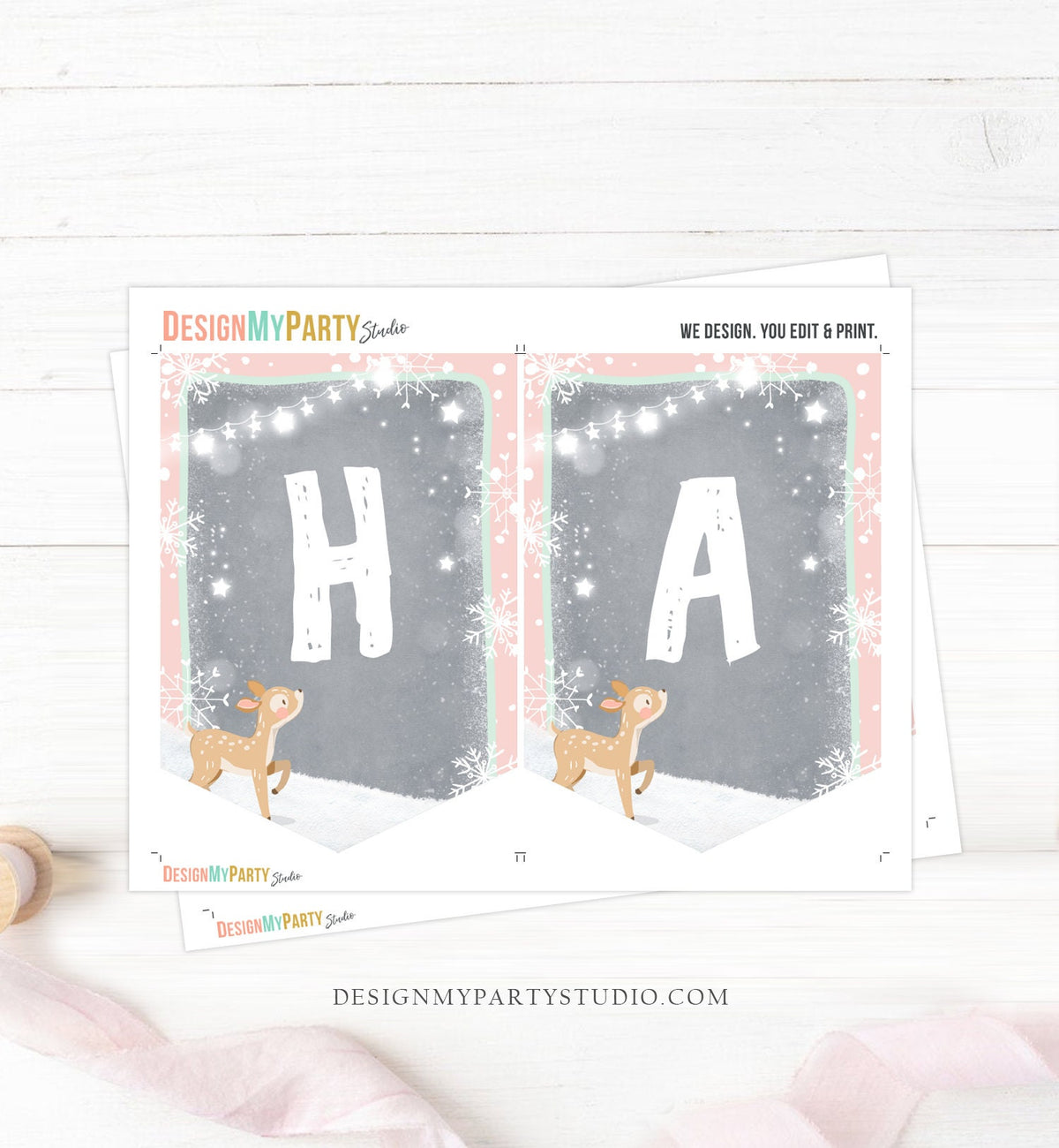 Happy Birthday Banner Winter Onederland Birthday Banner Deer Pink Snow First Birthday Decor Winter Wonderland Download Printable 0073