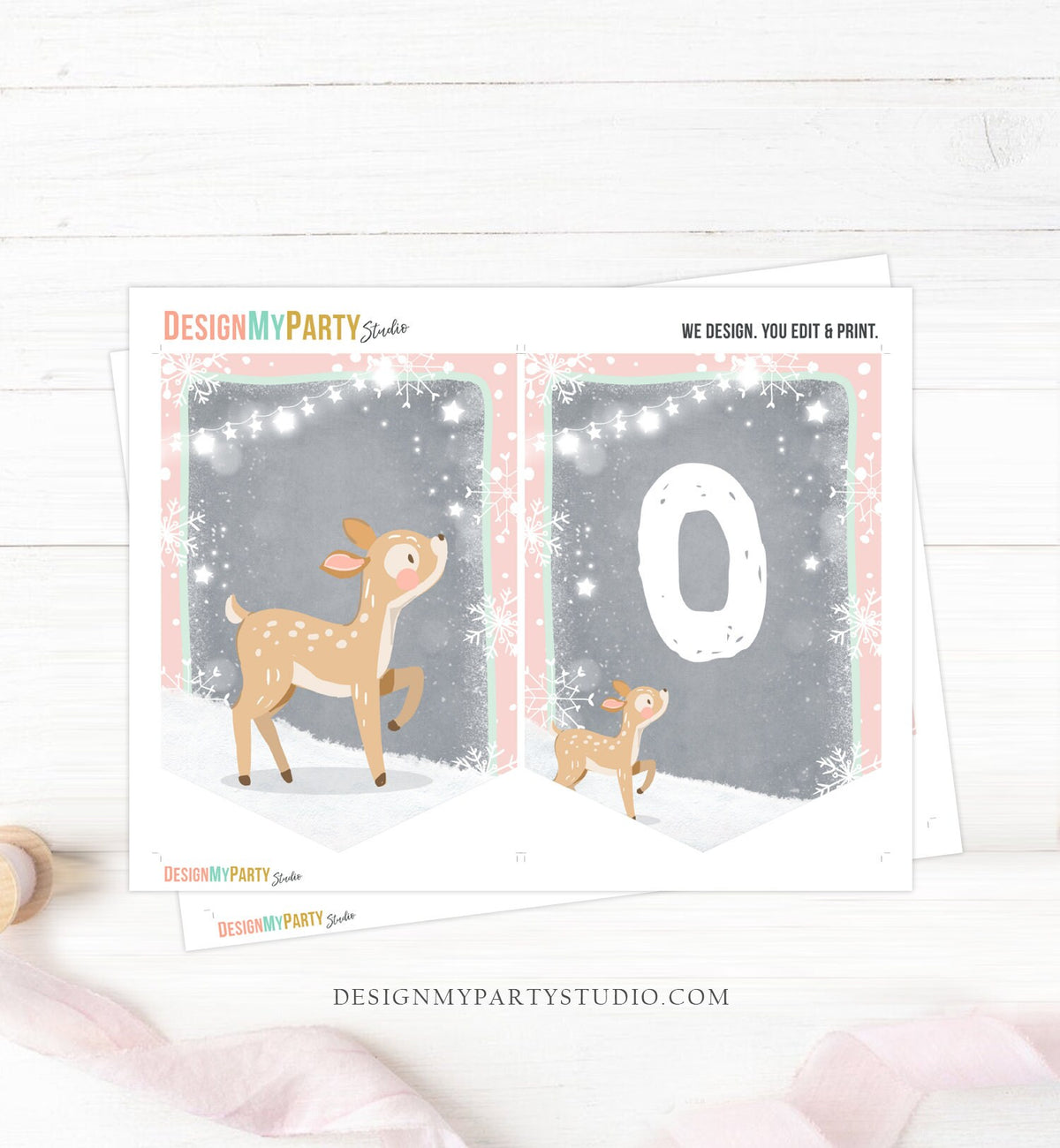 High Chair ONE Banner Winter Onederland Birthday Banner Deer Pink Snow First Birthday 1st Decor Winter Wonderland Download Printable 0073