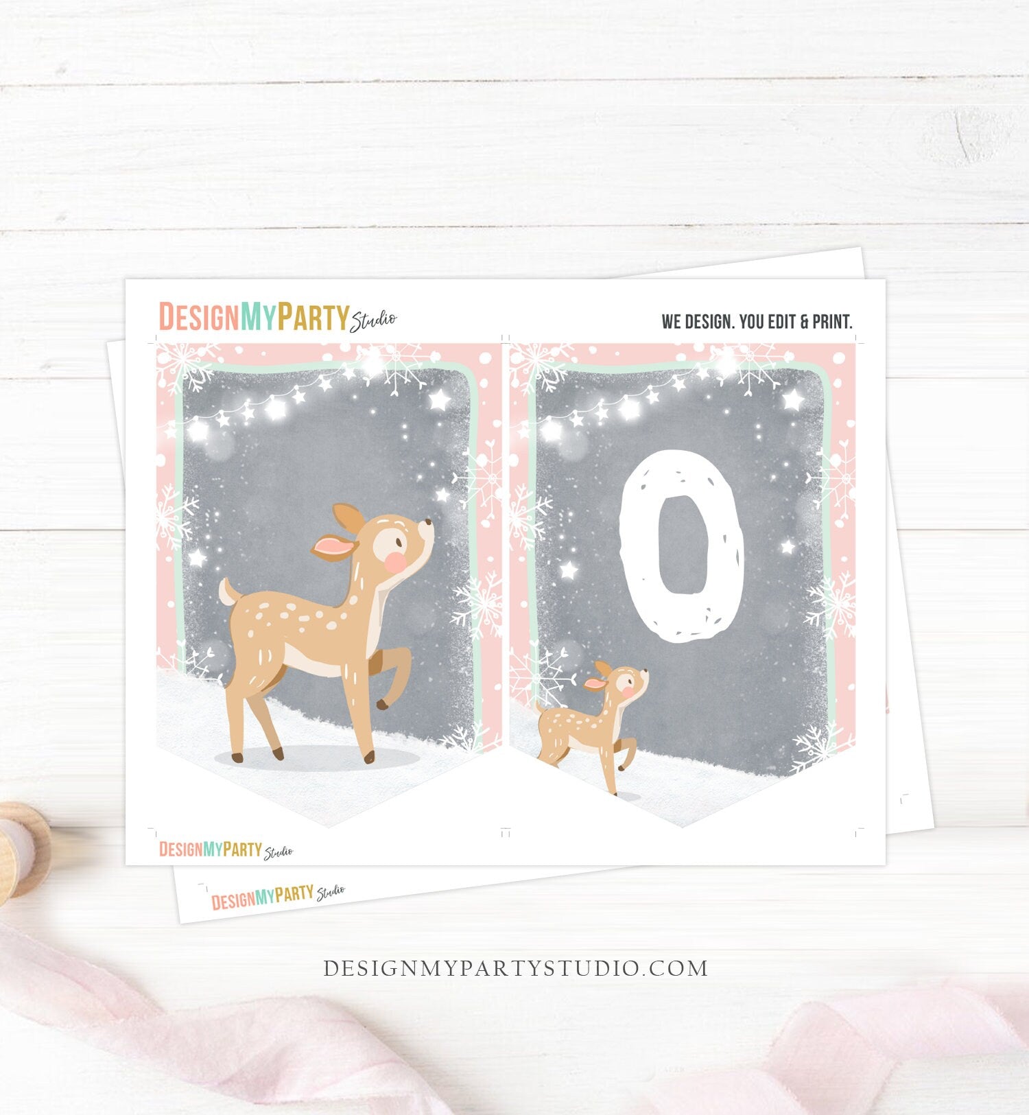 High Chair ONE Banner Winter Onederland Birthday Banner Deer Pink Snow First Birthday 1st Decor Winter Wonderland Download Printable 0073