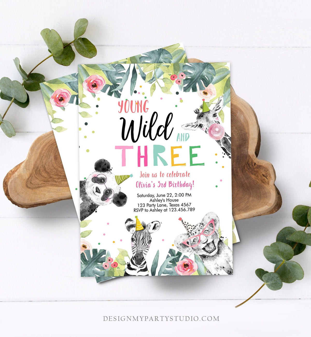 Editable Young Wild and Three Invitation Girl Pink and Gold Safari Animals Zoo Panda Instant Download Printable Template Digital Corjl 0322