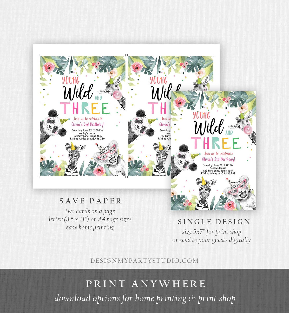 Editable Young Wild and Three Invitation Girl Pink and Gold Safari Animals Zoo Panda Instant Download Printable Template Digital Corjl 0322