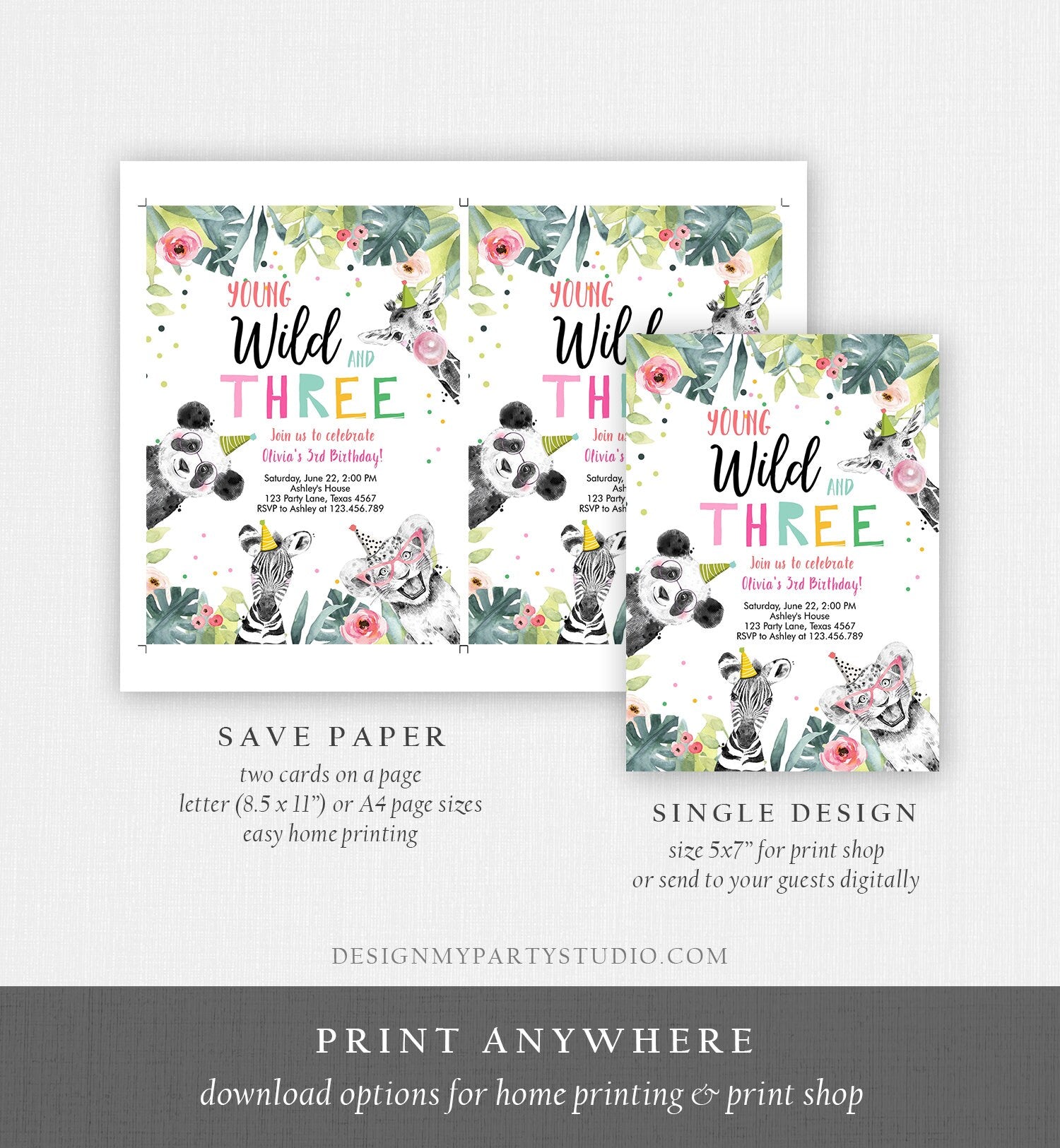 Editable Young Wild and Three Invitation Girl Pink and Gold Safari Animals Zoo Panda Instant Download Printable Template Digital Corjl 0322
