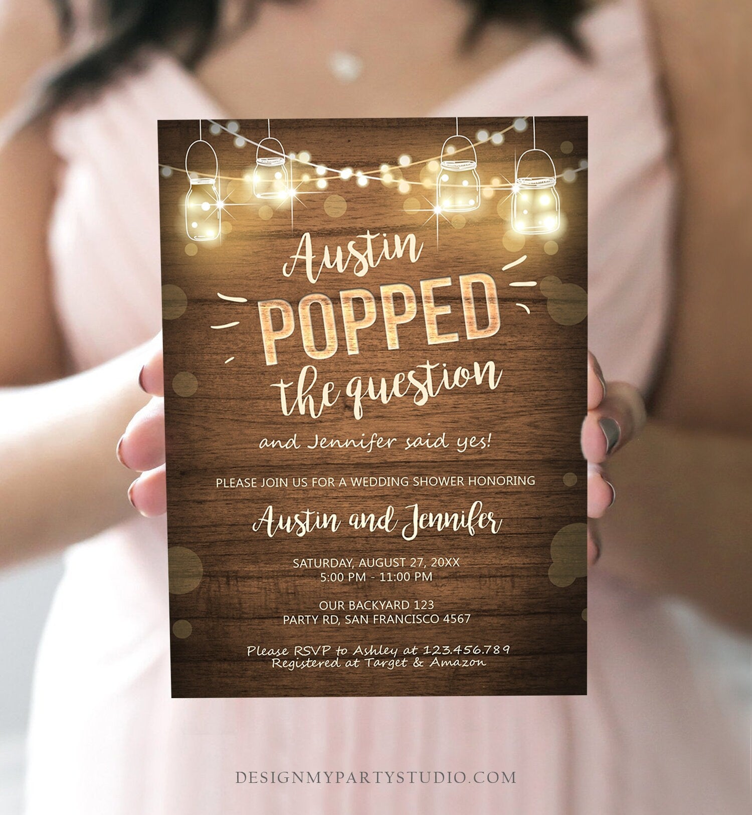 Editable Popped the Question Engagement Party Invitation Couples Shower Rustic Wood Lights Jars Download Corjl Template Printable 0015