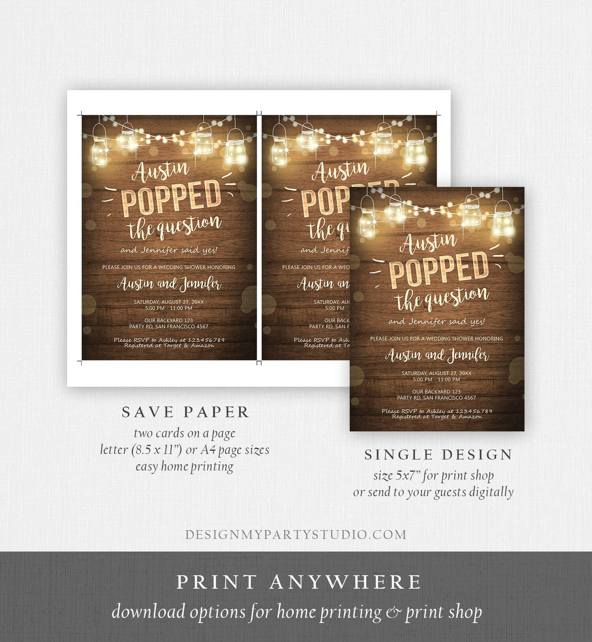 Editable Popped the Question Engagement Party Invitation Couples Shower Rustic Wood Lights Jars Download Corjl Template Printable 0015