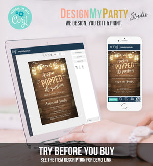 Editable Popped the Question Engagement Party Invitation Couples Shower Rustic Wood Lights Jars Download Corjl Template Printable 0015
