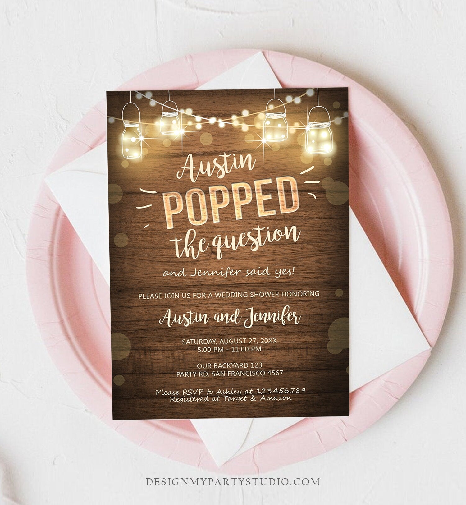 Editable Popped the Question Engagement Party Invitation Couples Shower Rustic Wood Lights Jars Download Corjl Template Printable 0015