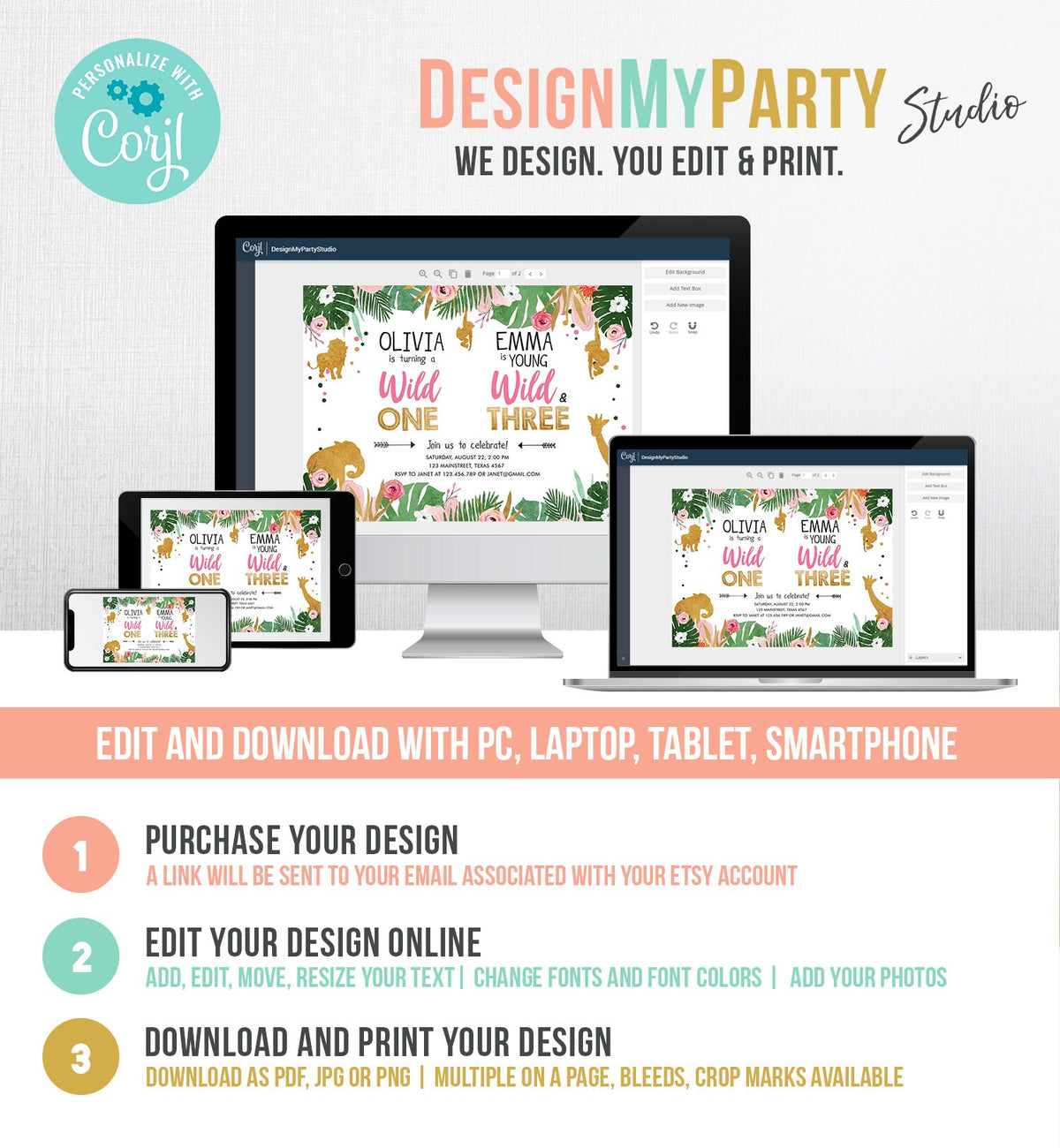 Editable Wild One Birthday Invitation Wild and Three Sisters Safari Animals Jungle Girls Joint Dual Siblings Printable Corjl Template 0016