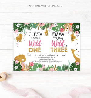 Editable Wild One Birthday Invitation Wild and Three Sisters Safari Animals Jungle Girls Joint Dual Siblings Printable Corjl Template 0016