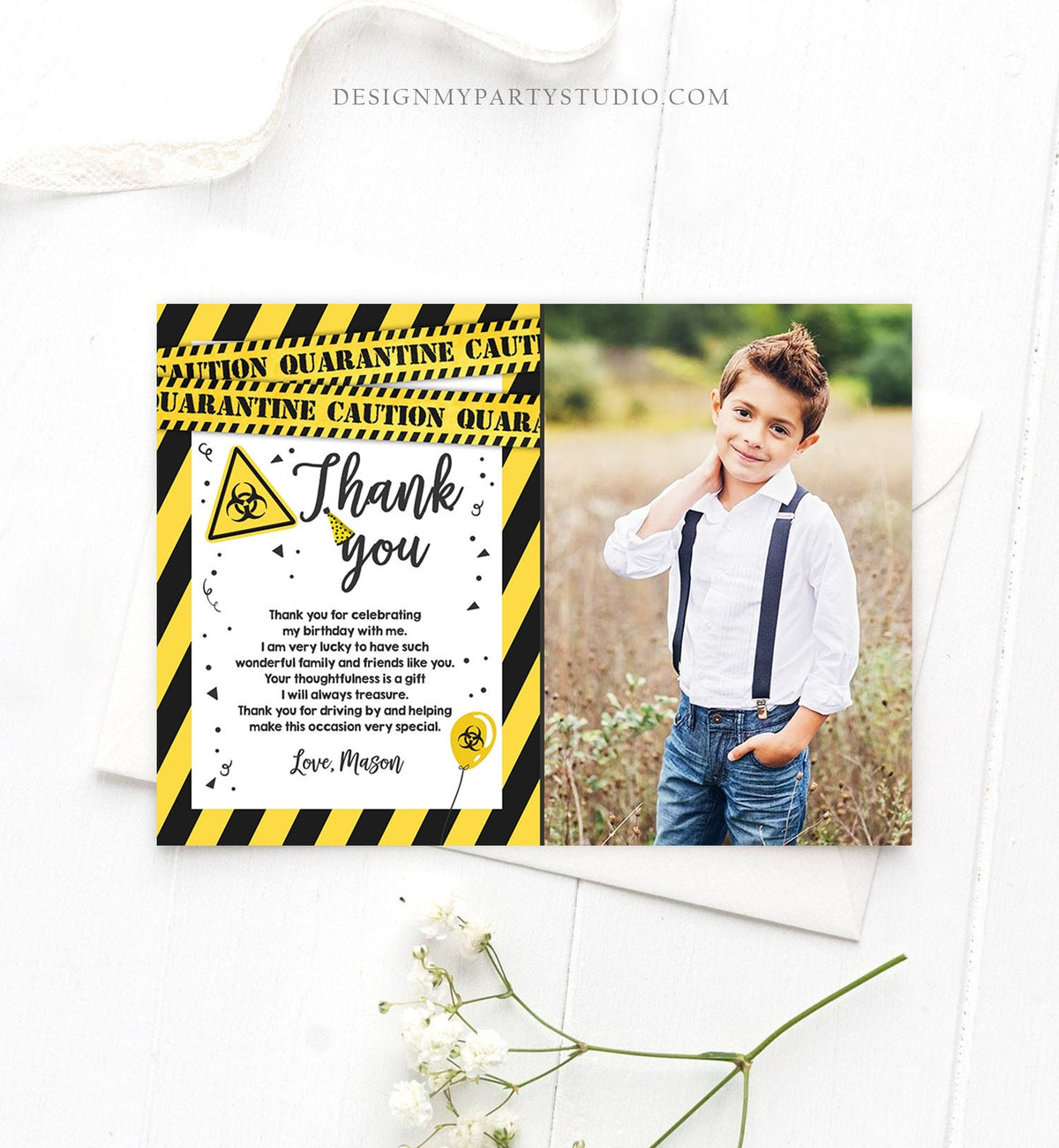 Editable Quarantine Birthday Thank You Card Virtual Party Drive By Thank You Yellow White Caution Instant Download Digital Corjl 0334