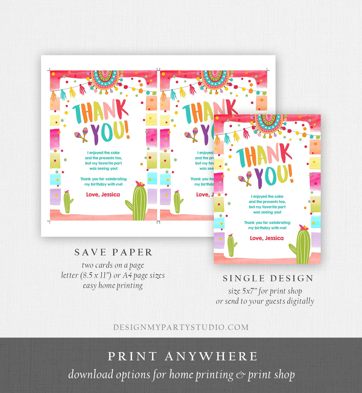 Editable Let&#39;s Fiesta Thank You Card Cactus Succulent First Birthday Party Girl 1st Mexican Uno Download Corjl Template Printable 0134