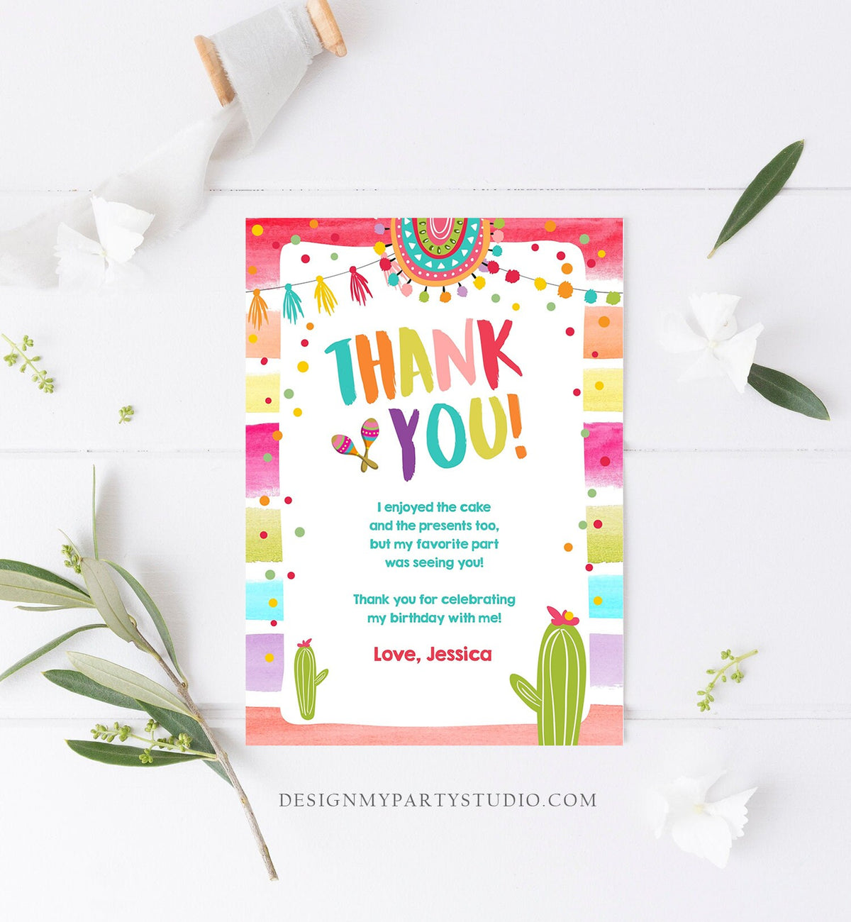 Editable Let&#39;s Fiesta Thank You Card Cactus Succulent First Birthday Party Girl 1st Mexican Uno Download Corjl Template Printable 0134