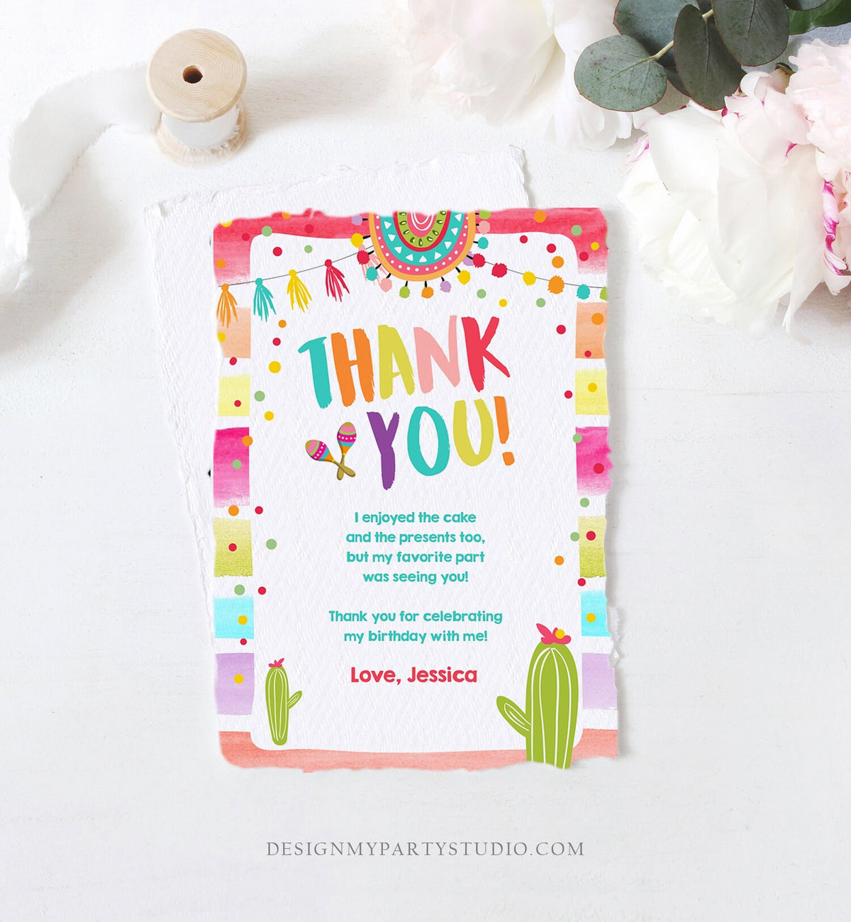 Editable Let&#39;s Fiesta Thank You Card Cactus Succulent First Birthday Party Girl 1st Mexican Uno Download Corjl Template Printable 0134