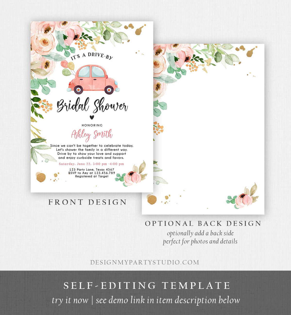 Editable Drive By Bridal Shower Invitation Couples Shower Invite Quarantine Drive Trough Floral Wedding Shower Template Download Corjl 0346