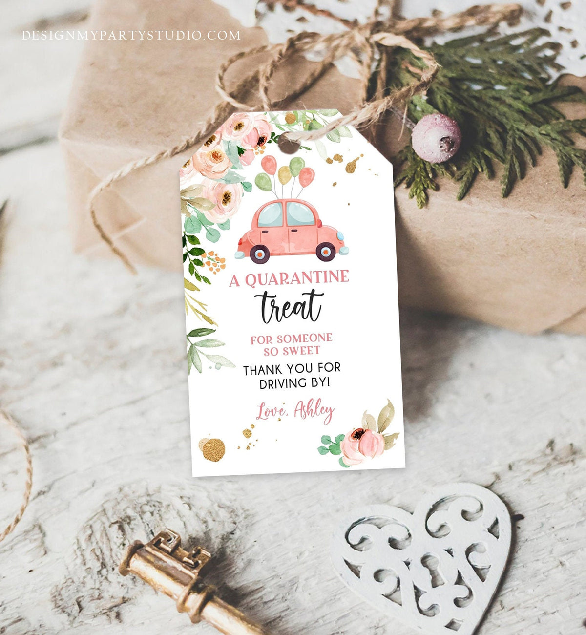 Editable Drive By Favor Tag Drive Through Baby Shower Bridal Shower Birthday Thank You Gift Tags Quarantine Coral Floral Girl Corjl 0346